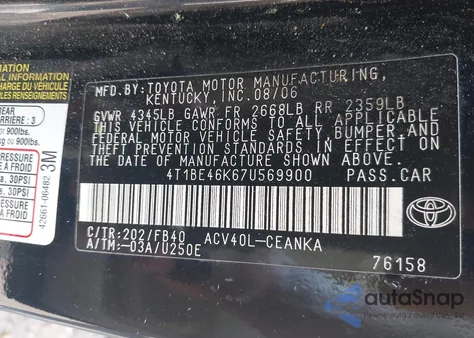 2007 Toyota Camry Le из США, поврежденный, VIN 4T1BE46K67U569900